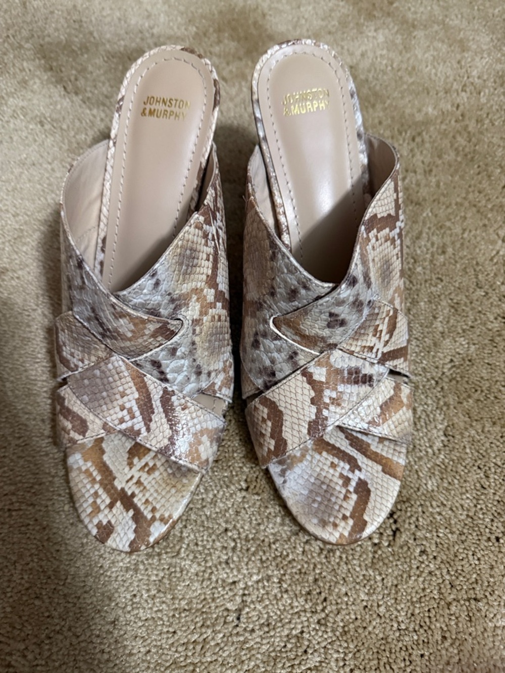 Johnston & Murphy Tan and Beige Snake-Print Crossover Mules